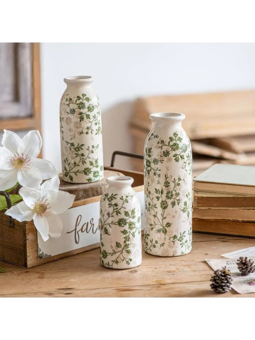 Charming Vintage Ceramic Vase Set of 3 - Rustic Chinoiserie Home Decor, Green